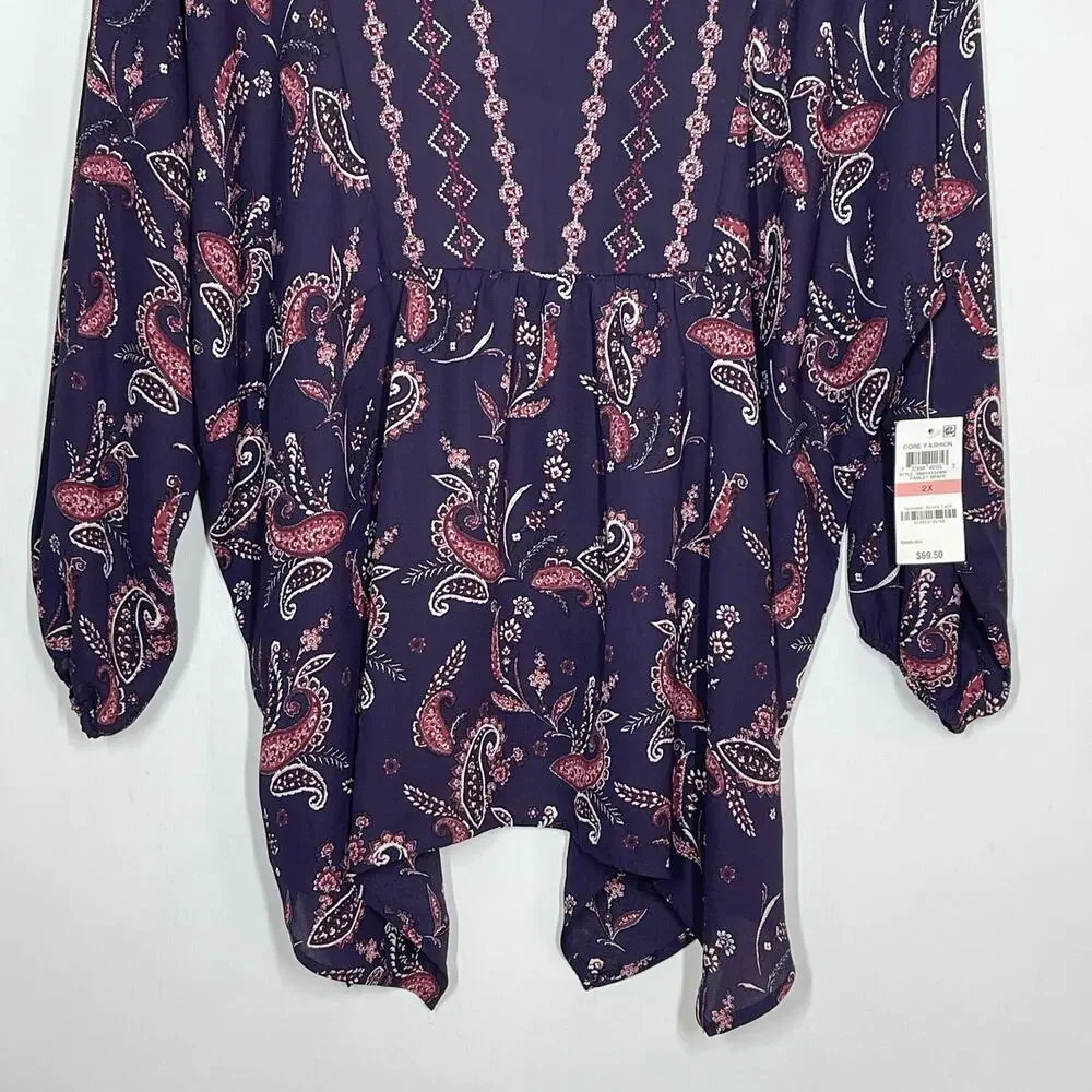 Style & Co Blouse NWT Women's Plus Size 2X Purple Grape Paisley V-Neck Core Boho - Picture 5 of 11